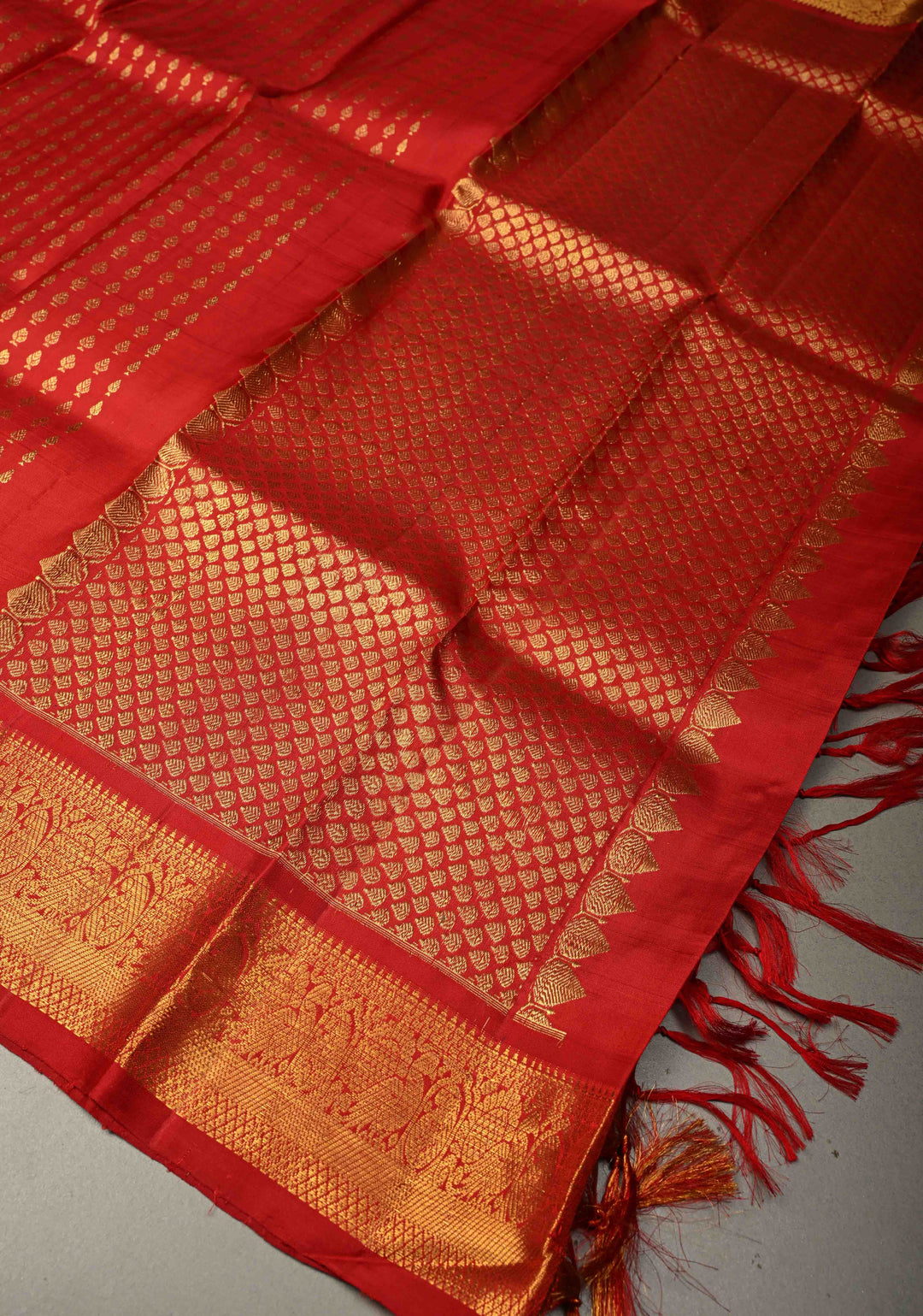 DUPATTA: Bright Red Pure Kanjivaram Dupatta with Zari Buttis Brocade and Zari Borders | SILK MARK Certified | SHOBITAM