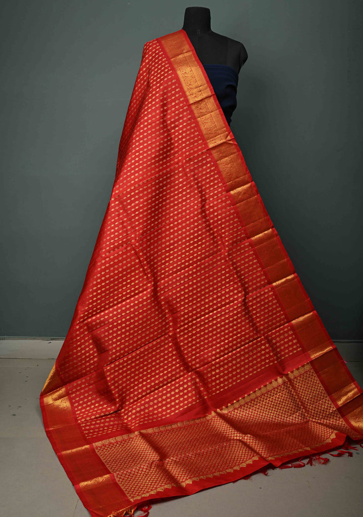 DUPATTA: Bright Red Pure Kanjivaram Dupatta with Zari Buttis Brocade and Zari Borders | SILK MARK Certified | SHOBITAM