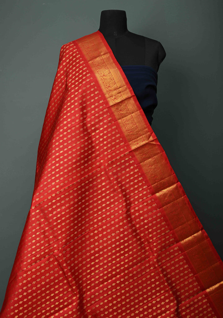 DUPATTA: Bright Red Pure Kanjivaram Dupatta with Zari Buttis Brocade and Zari Borders | SILK MARK Certified | SHOBITAM