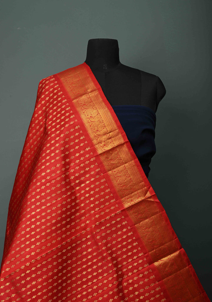 DUPATTA: Bright Red Pure Kanjivaram Dupatta with Zari Buttis Brocade and Zari Borders | SILK MARK Certified | SHOBITAM
