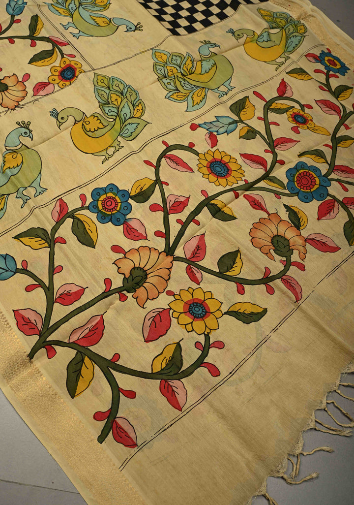 DUPATTA : Authentic Pen Kalamkari Hand Painted on Chennuri Silk Dupatta with Checkered-Peacock-Floral Theme and Mangalagiri Borders | SHOBITAM
