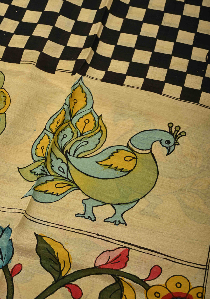 DUPATTA : Authentic Pen Kalamkari Hand Painted on Chennuri Silk Dupatta with Checkered-Peacock-Floral Theme and Mangalagiri Borders | SHOBITAM