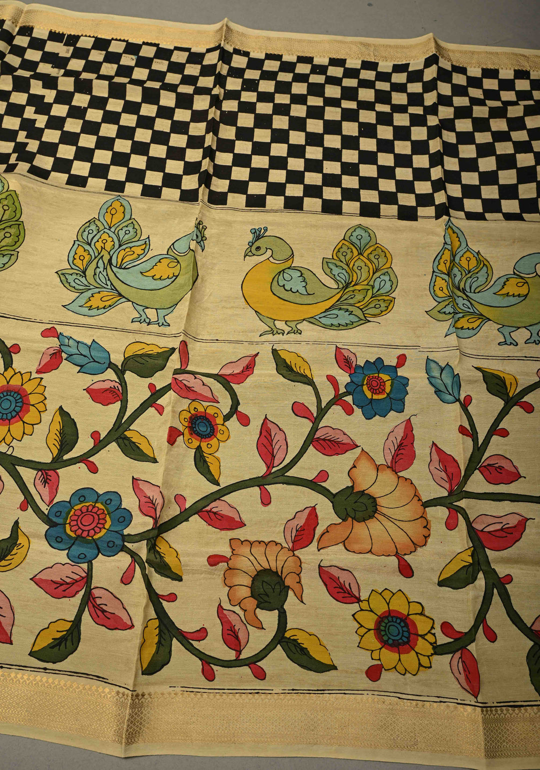 DUPATTA : Authentic Pen Kalamkari Hand Painted on Chennuri Silk Dupatta with Checkered-Peacock-Floral Theme and Mangalagiri Borders | SHOBITAM