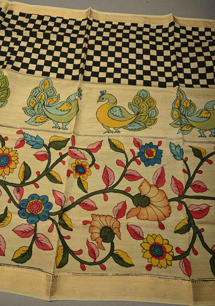 DUPATTA : Authentic Pen Kalamkari Hand Painted on Chennuri Silk Dupatta with Checkered-Peacock-Floral Theme and Mangalagiri Borders | SHOBITAM