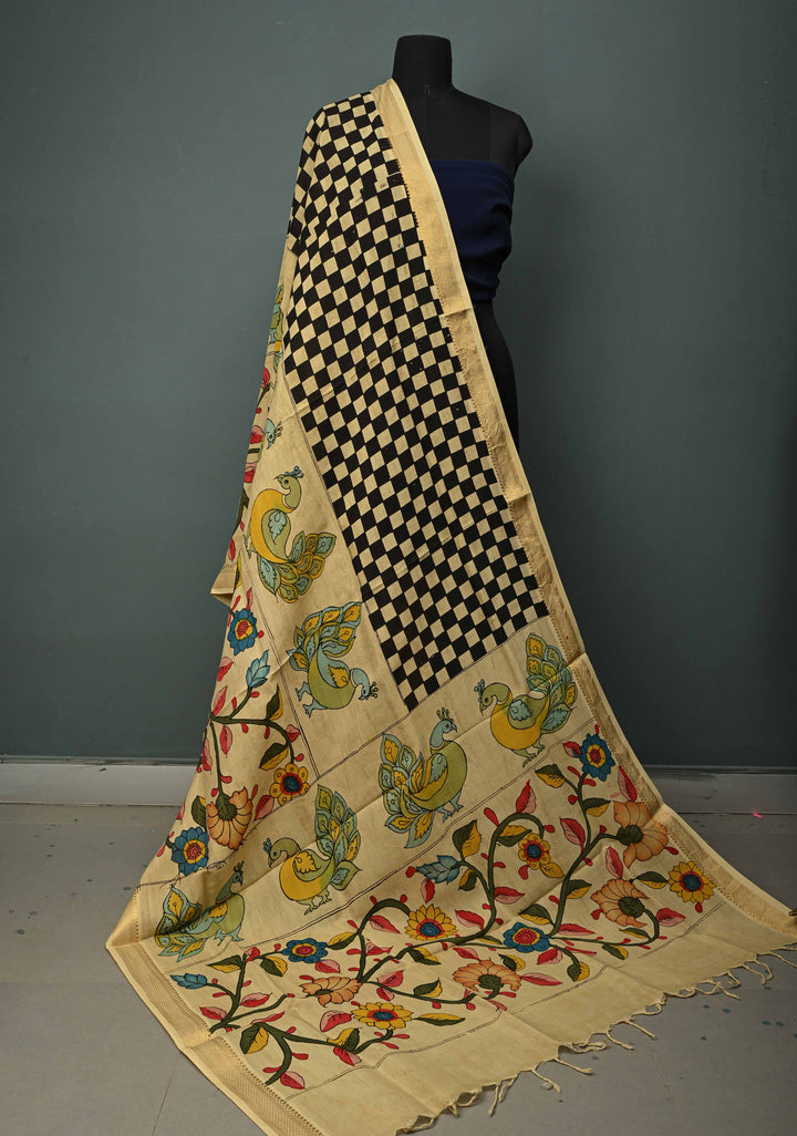 DUPATTA : Authentic Pen Kalamkari Hand Painted on Chennuri Silk Dupatta with Checkered-Peacock-Floral Theme and Mangalagiri Borders | SHOBITAM