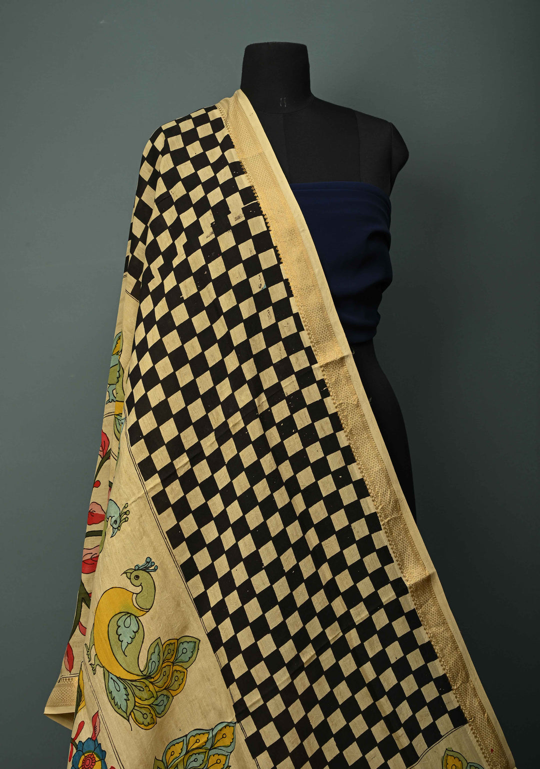 DUPATTA : Authentic Pen Kalamkari Hand Painted on Chennuri Silk Dupatta with Checkered-Peacock-Floral Theme and Mangalagiri Borders | SHOBITAM