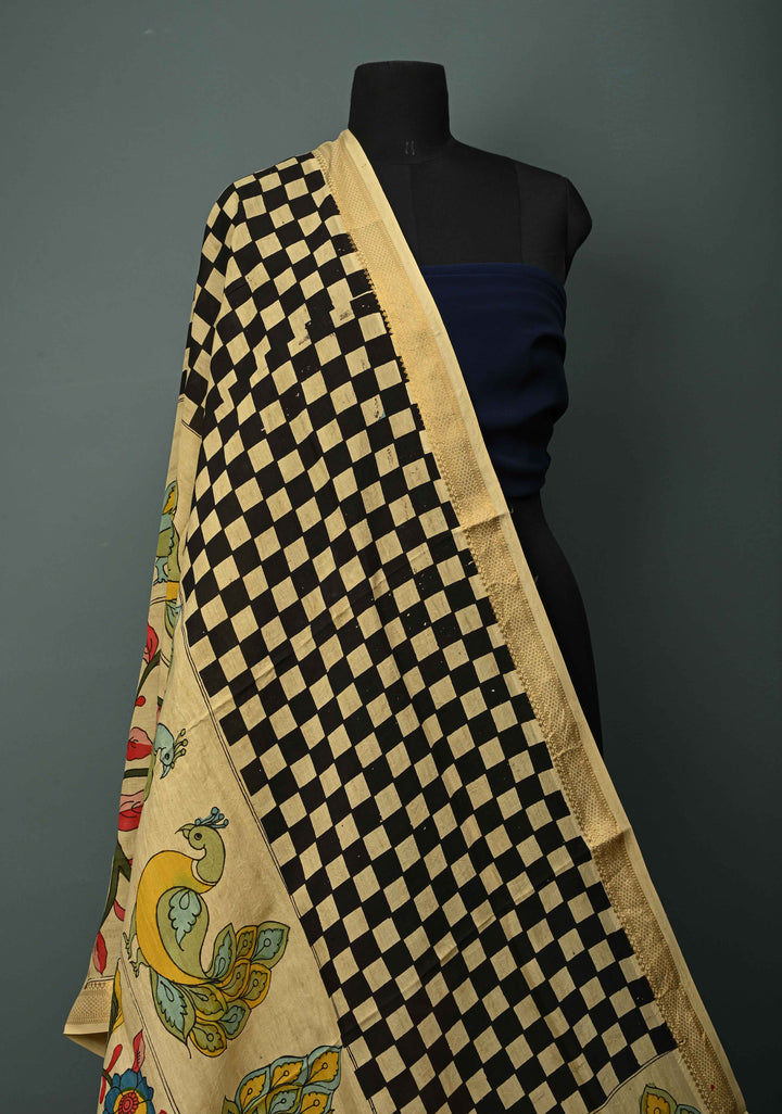 DUPATTA : Authentic Pen Kalamkari Hand Painted on Chennuri Silk Dupatta with Checkered-Peacock-Floral Theme and Mangalagiri Borders | SHOBITAM