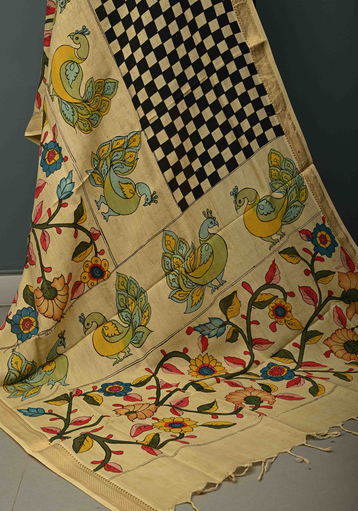 DUPATTA : Authentic Pen Kalamkari Hand Painted on Chennuri Silk Dupatta with Checkered-Peacock-Floral Theme and Mangalagiri Borders | SHOBITAM