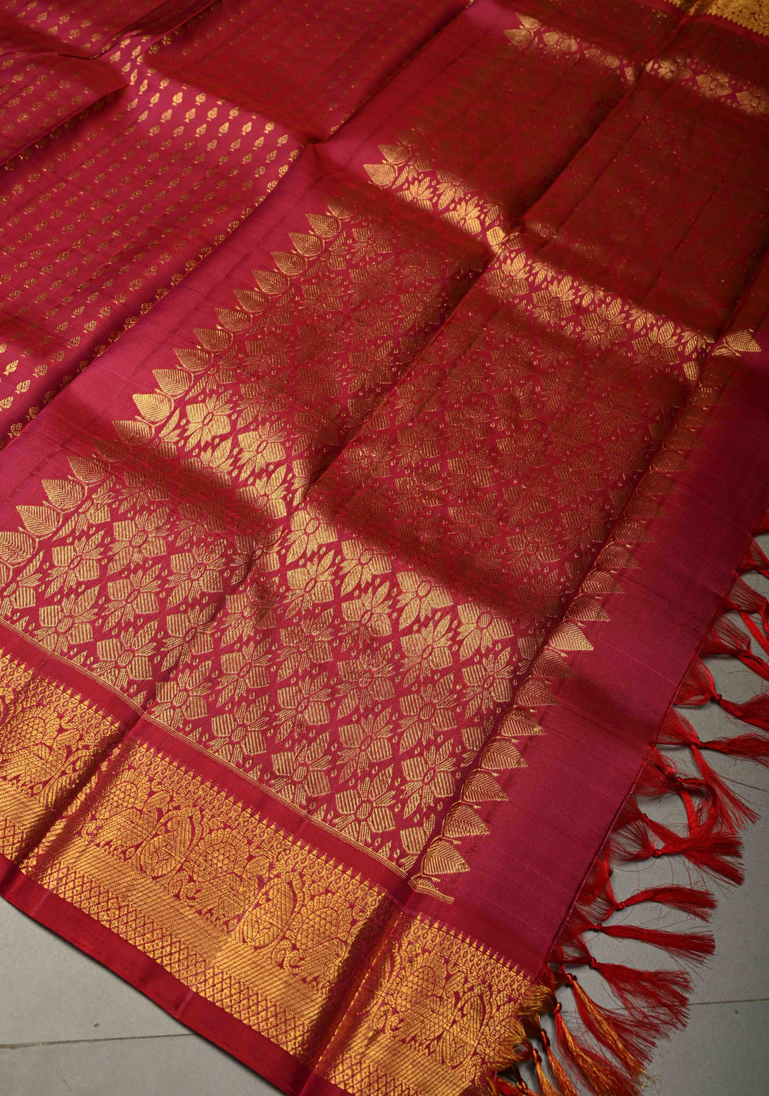 DUPATTA:  Rose Red Pure Kanjivaram Dupatta with Zari Buttis Brocade and Zari Borders | SILK MARK Certified | SHOBITAM