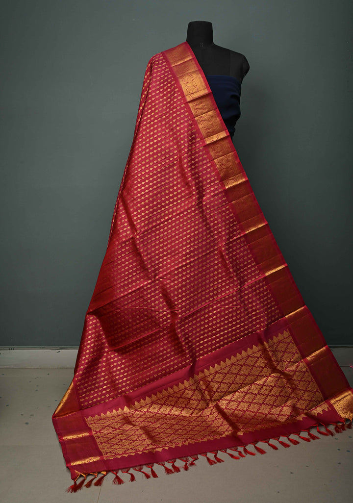 DUPATTA:  Rose Red Pure Kanjivaram Dupatta with Zari Buttis Brocade and Zari Borders | SILK MARK Certified | SHOBITAM