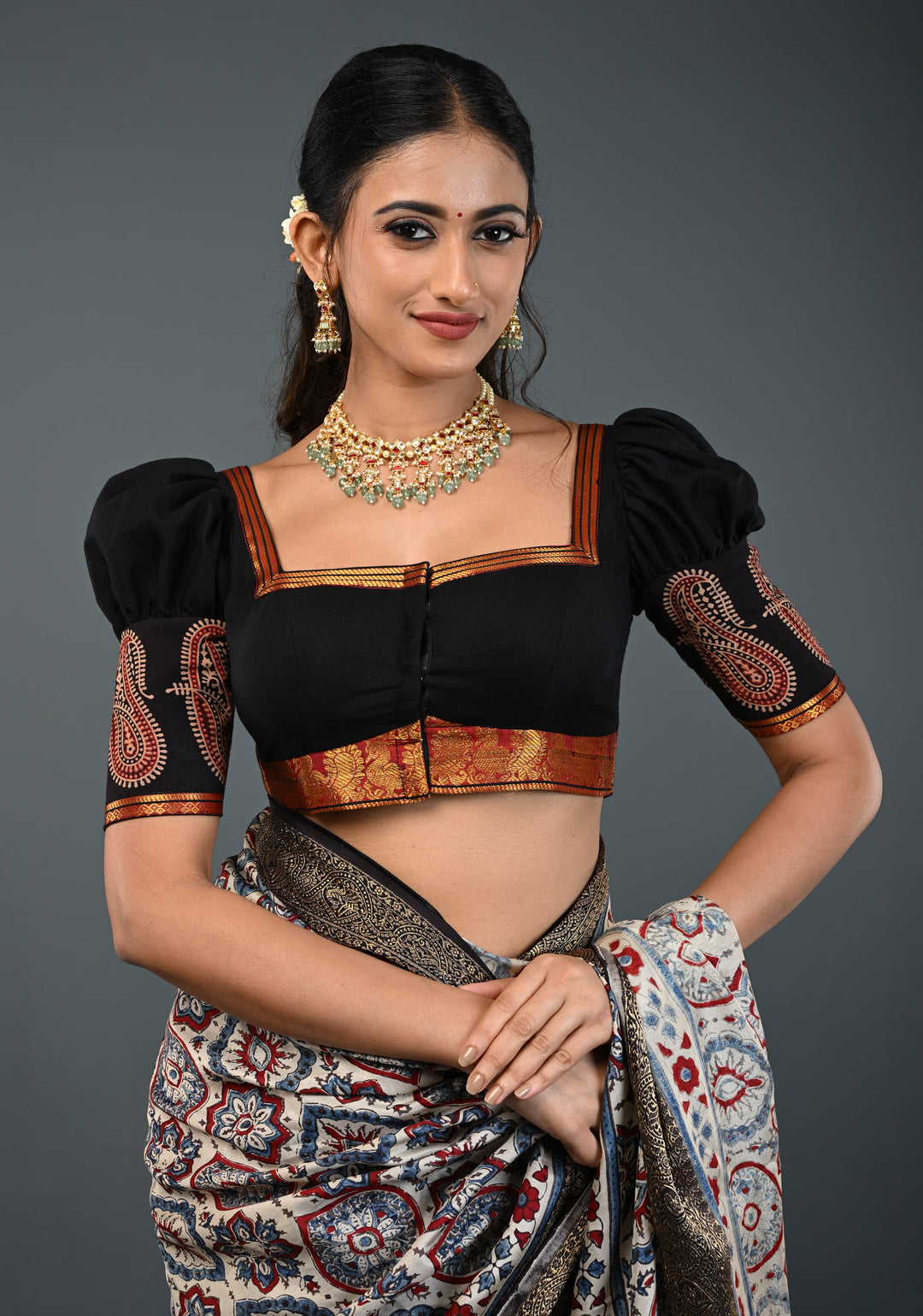Black Kanchi Cotton Blouse with Puff Sleeves and Back Net Applique, Customizable, Made to Order