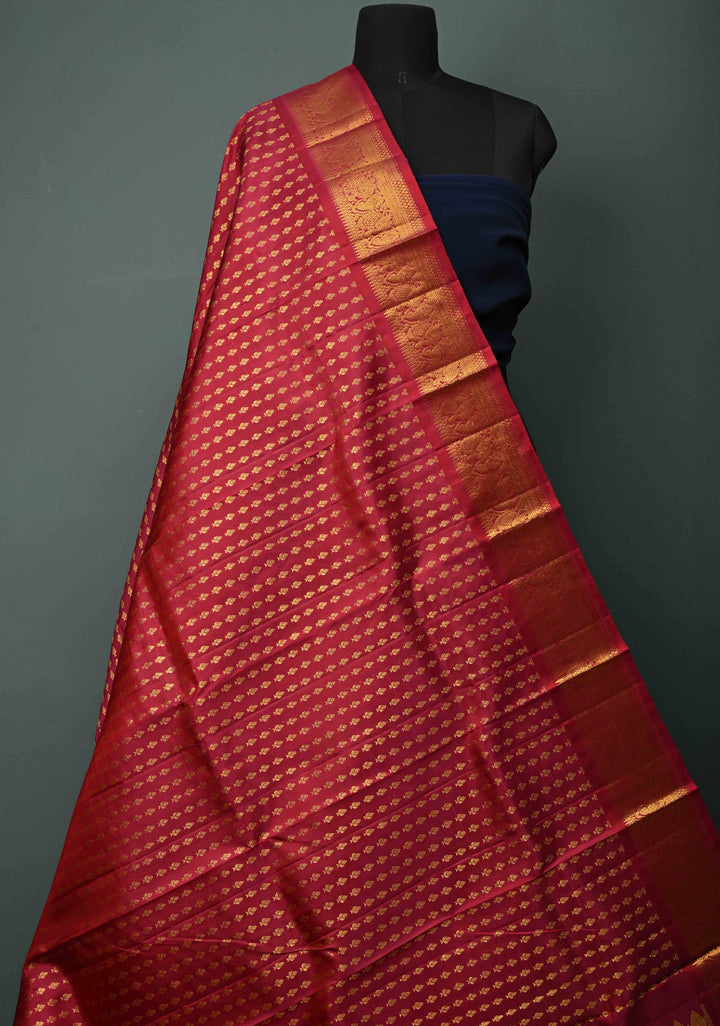DUPATTA:  Rose Red Pure Kanjivaram Dupatta with Zari Buttis Brocade and Zari Borders | SILK MARK Certified | SHOBITAM