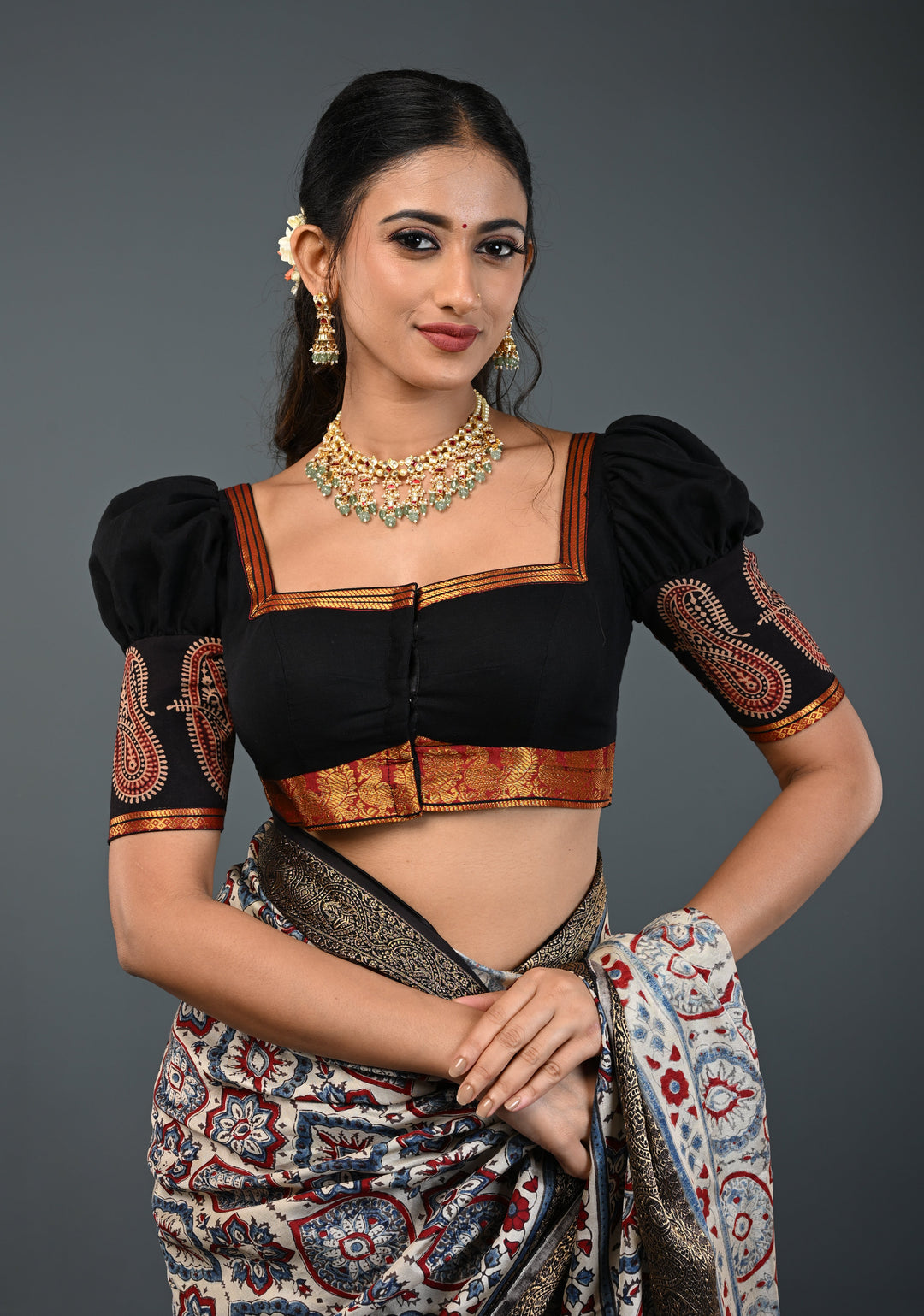 Black Kanchi Cotton Blouse with Puff Sleeves and Back Net Applique, Customizable, Made to Order