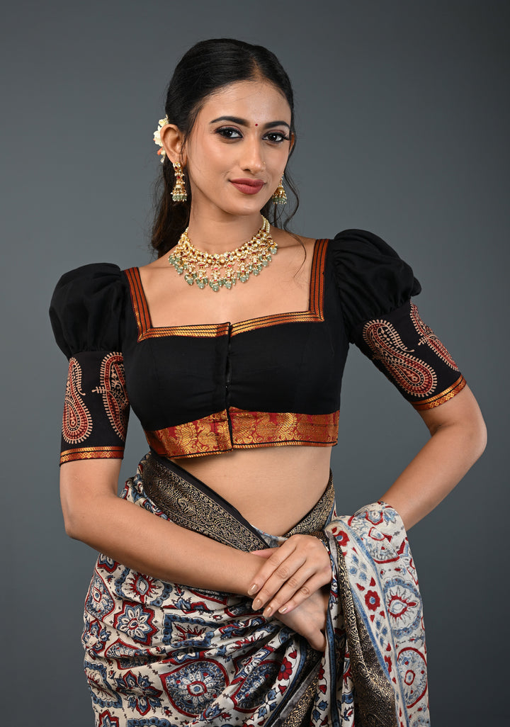 Black Kanchi Cotton Blouse with Puff Sleeves and Back Net Applique, Customizable, Made to Order