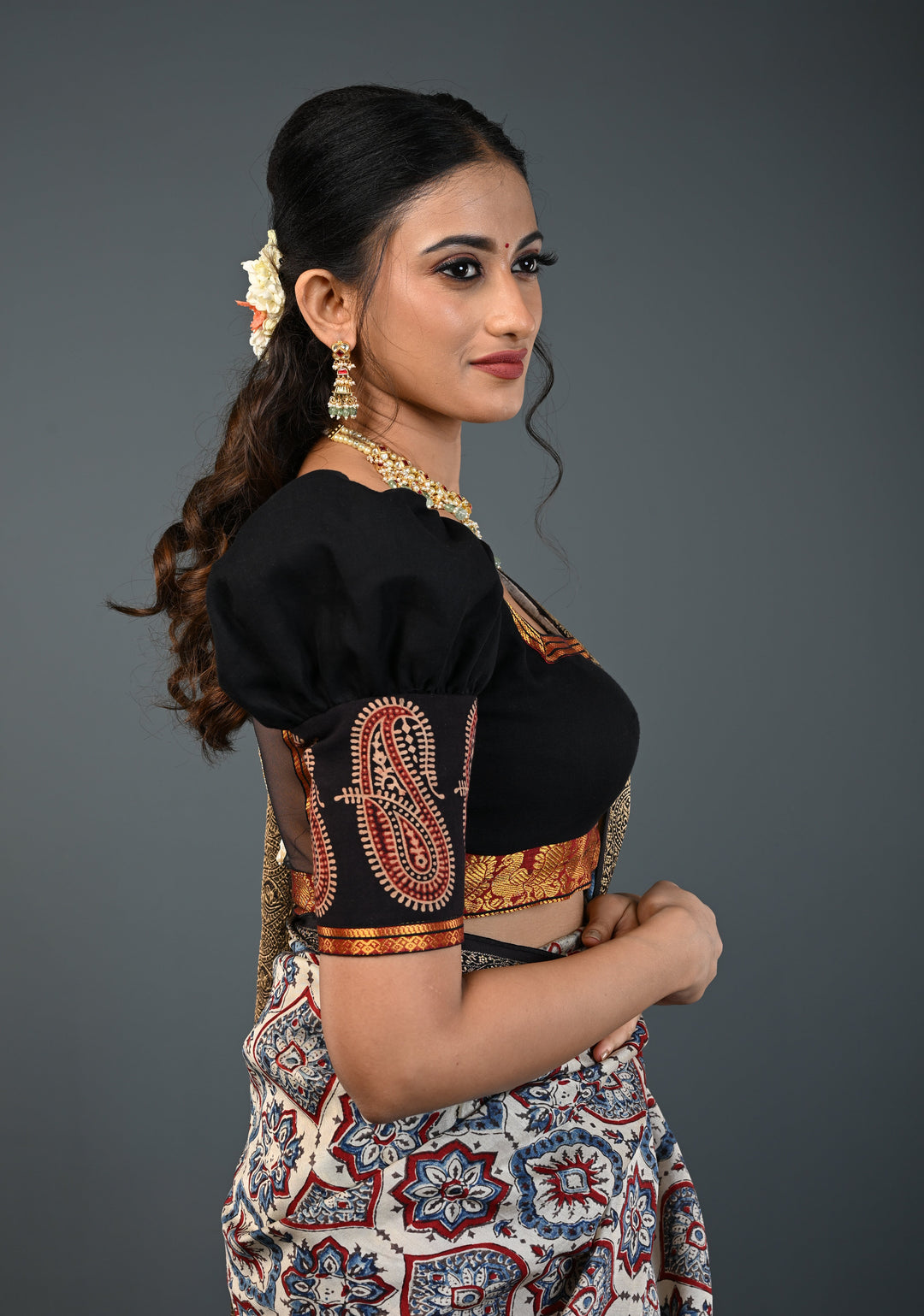 Black Kanchi Cotton Blouse with Puff Sleeves and Back Net Applique, Customizable, Made to Order