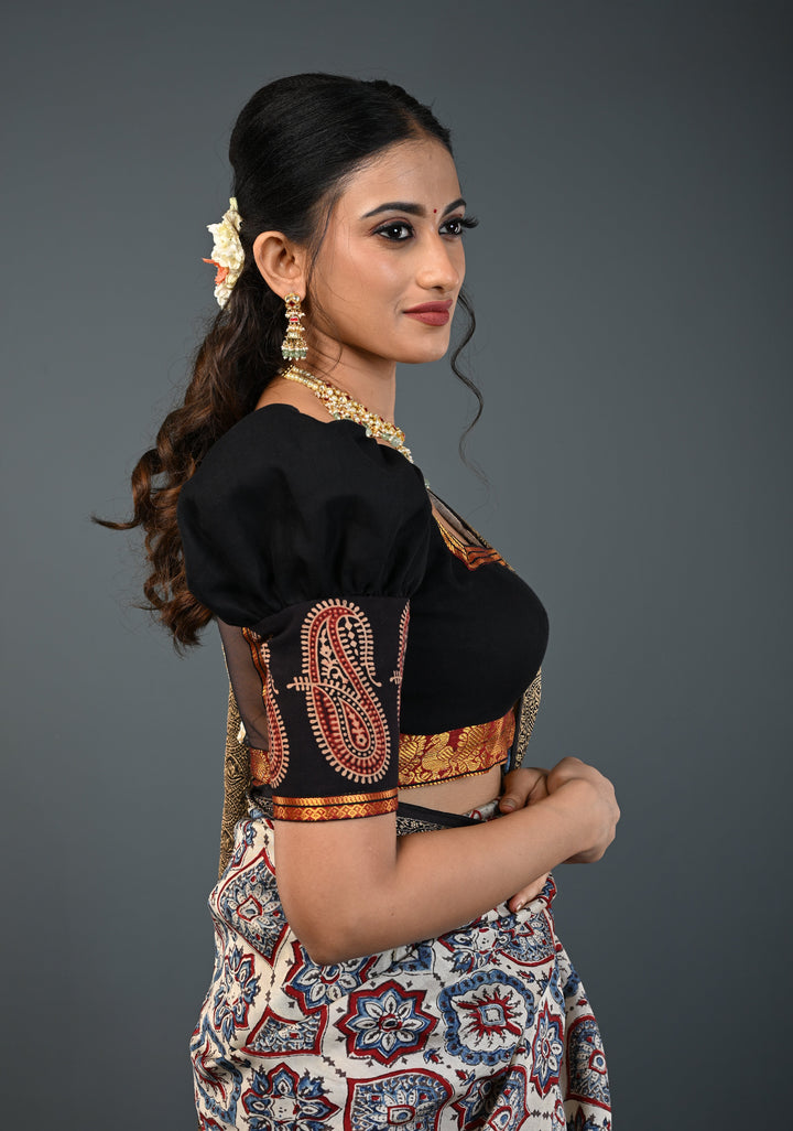 Black Kanchi Cotton Blouse with Puff Sleeves and Back Net Applique, Customizable, Made to Order
