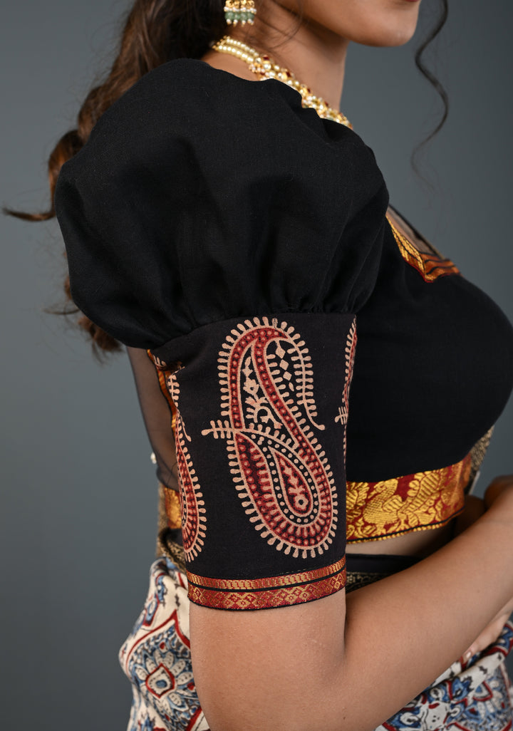 Black Kanchi Cotton Blouse with Puff Sleeves and Back Net Applique, Customizable, Made to Order