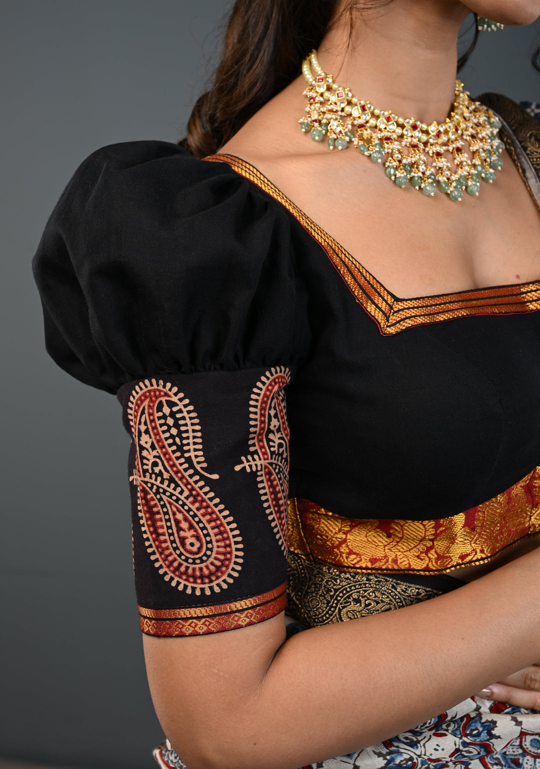 Black Kanchi Cotton Blouse with Puff Sleeves and Back Net Applique, Customizable, Made to Order