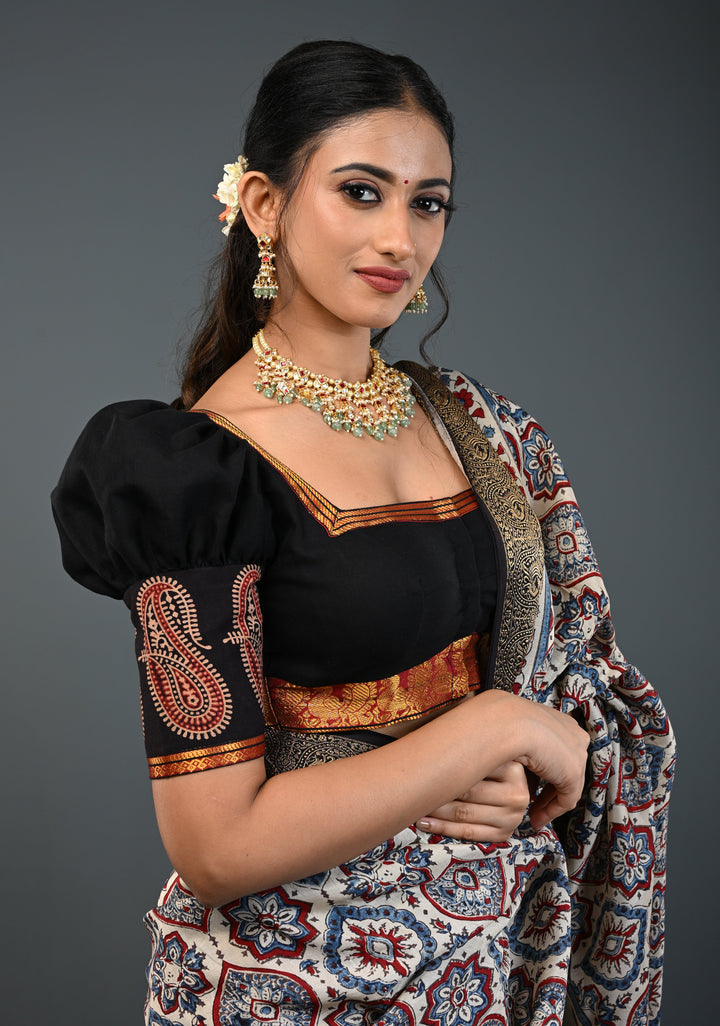 Black Kanchi Cotton Blouse with Puff Sleeves and Back Net Applique, Customizable, Made to Order