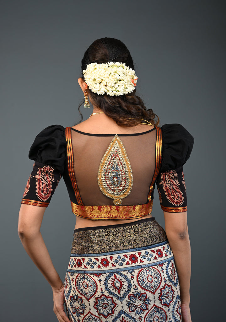 Black Kanchi Cotton Blouse with Puff Sleeves and Back Net Applique, Customizable, Made to Order