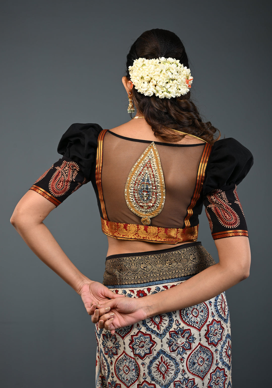Black Kanchi Cotton Blouse with Puff Sleeves and Back Net Applique, Customizable, Made to Order