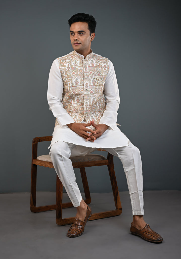 Men's White Kurta with Embroidered Nehru Jacket Kurta with Pajama Set  | Made to Order