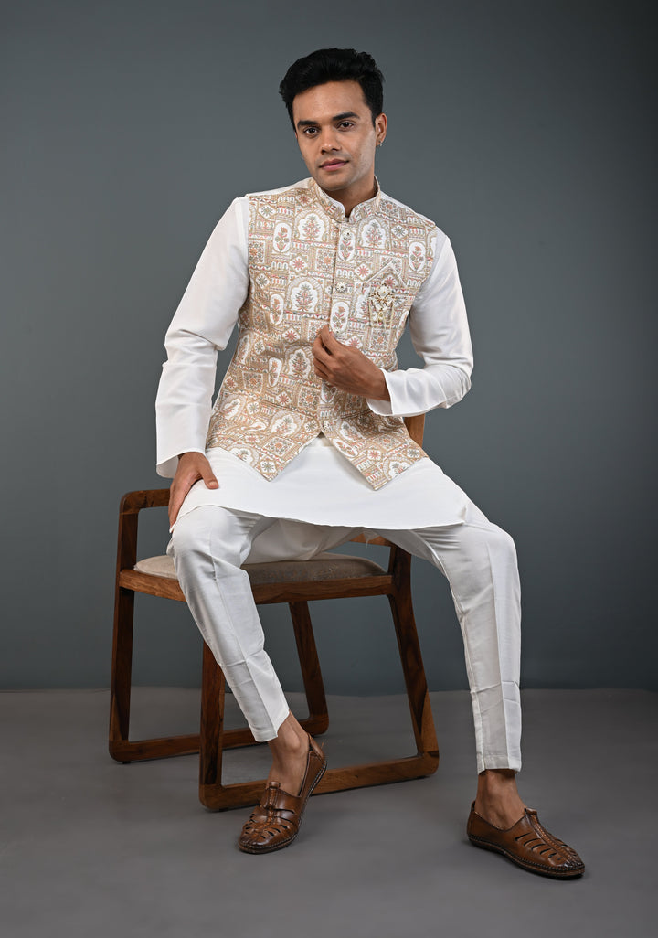Men's White Kurta with Embroidered Nehru Jacket Kurta with Pajama Set  | Made to Order