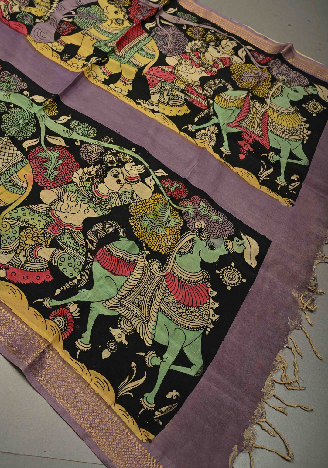 DUPATTA : Authentic Pen Kalamkari Hand Painted on Chennuri Silk Dupatta with Mythological Theme and Mangalagiri Borders | SHOBITAM