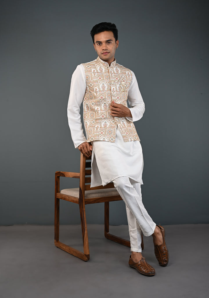 Men's White Kurta with Embroidered Nehru Jacket Kurta with Pajama Set  | Made to Order