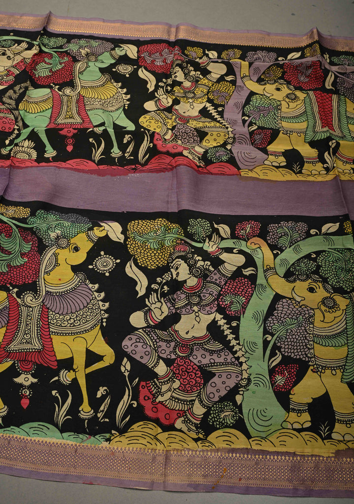 DUPATTA : Authentic Pen Kalamkari Hand Painted on Chennuri Silk Dupatta with Mythological Theme and Mangalagiri Borders | SHOBITAM