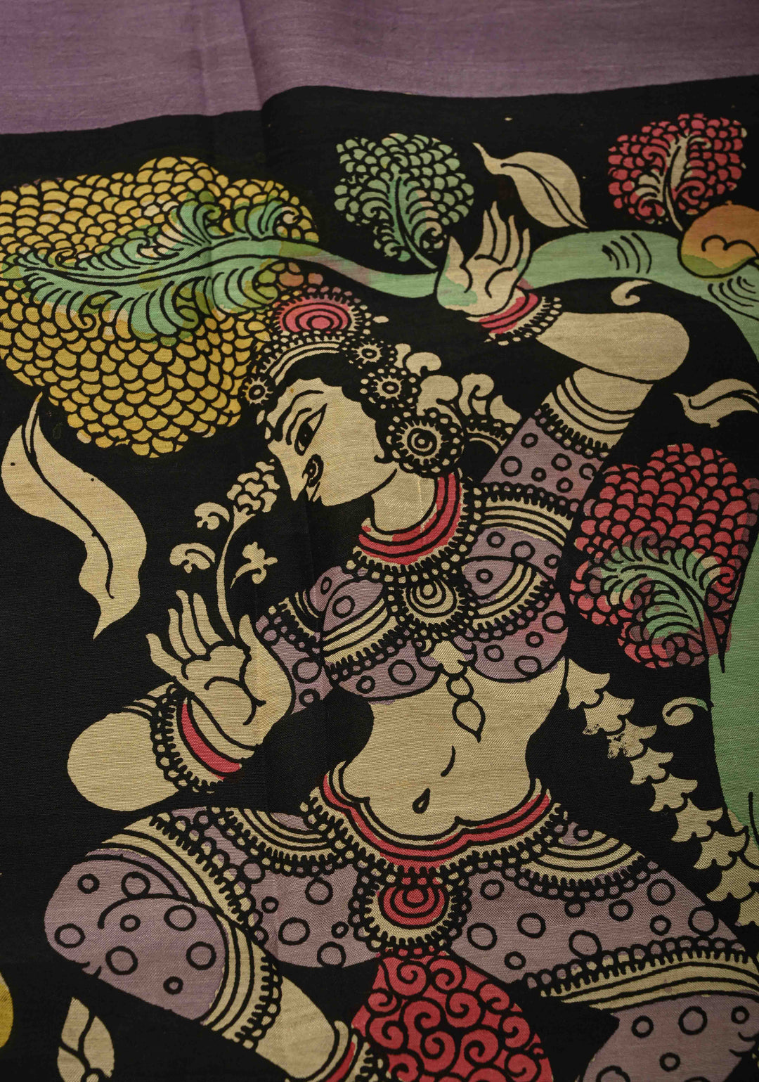 DUPATTA : Authentic Pen Kalamkari Hand Painted on Chennuri Silk Dupatta with Mythological Theme and Mangalagiri Borders | SHOBITAM