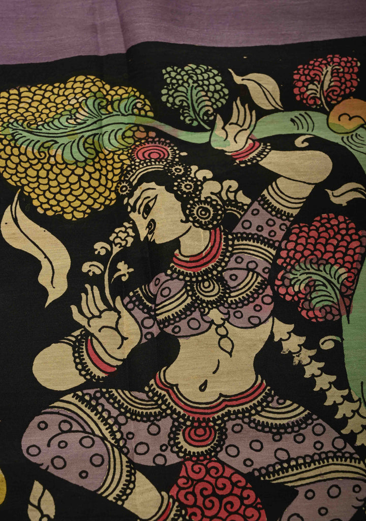 DUPATTA : Authentic Pen Kalamkari Hand Painted on Chennuri Silk Dupatta with Mythological Theme and Mangalagiri Borders | SHOBITAM