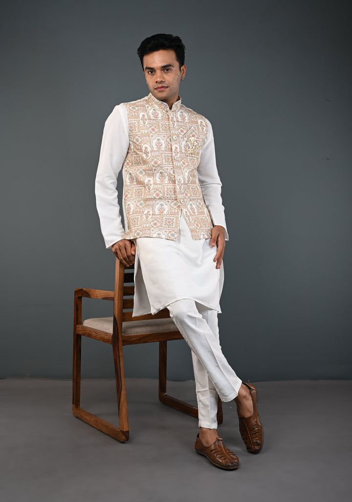 Men's White Kurta with Embroidered Nehru Jacket Kurta with Pajama Set  | Made to Order