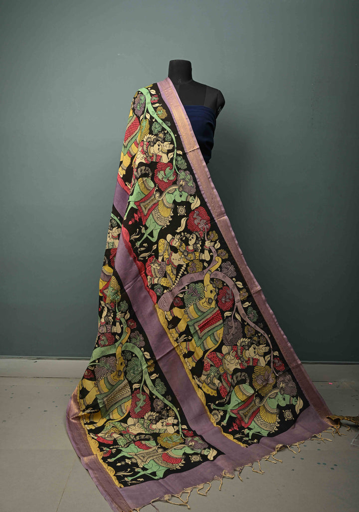 DUPATTA : Authentic Pen Kalamkari Hand Painted on Chennuri Silk Dupatta with Mythological Theme and Mangalagiri Borders | SHOBITAM