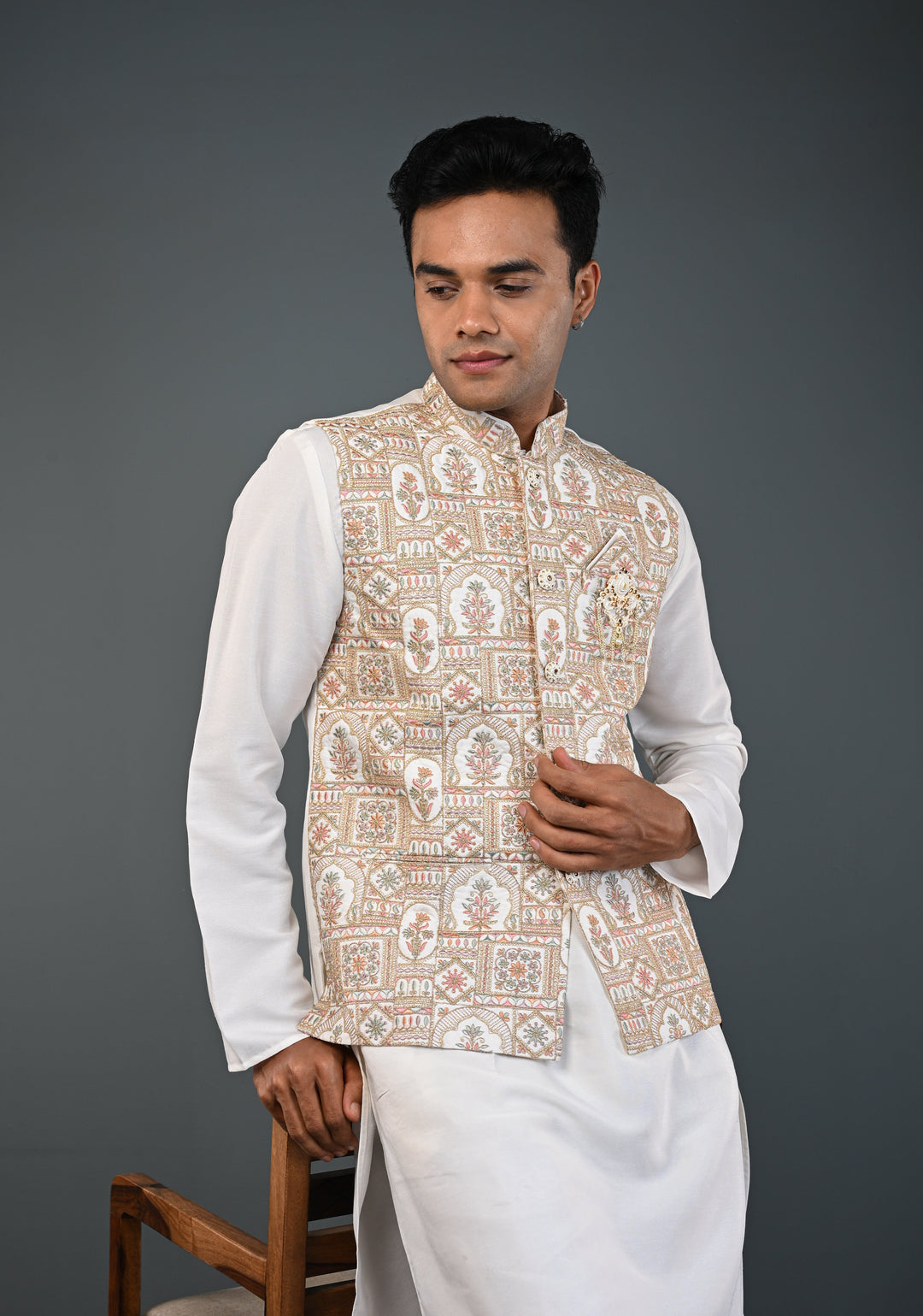 Men's White Kurta with Embroidered Nehru Jacket Kurta with Pajama Set  | Made to Order