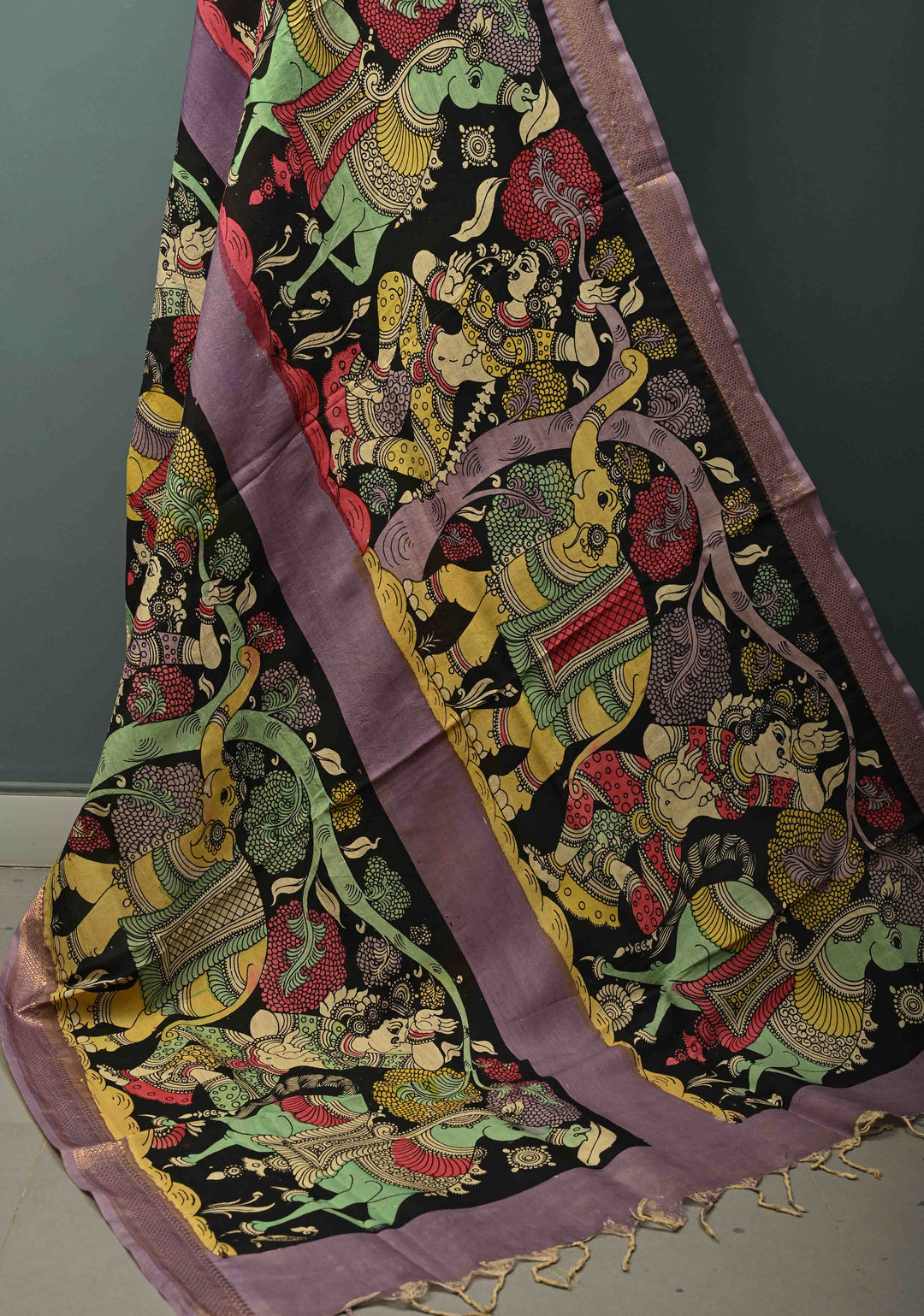 DUPATTA : Authentic Pen Kalamkari Hand Painted on Chennuri Silk Dupatta with Mythological Theme and Mangalagiri Borders | SHOBITAM