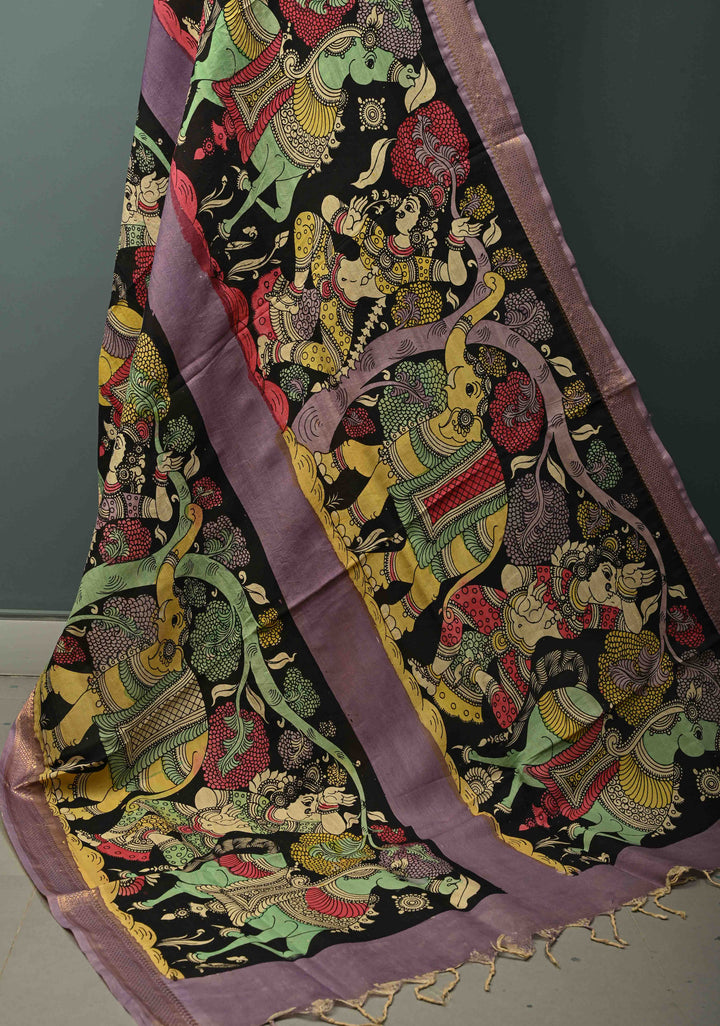 DUPATTA : Authentic Pen Kalamkari Hand Painted on Chennuri Silk Dupatta with Mythological Theme and Mangalagiri Borders | SHOBITAM