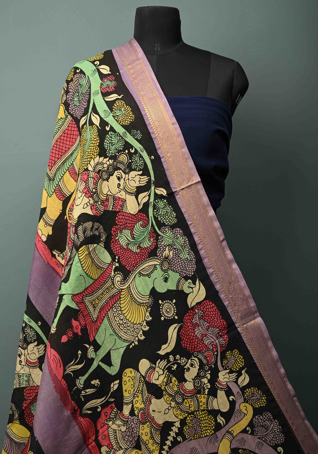 DUPATTA : Authentic Pen Kalamkari Hand Painted on Chennuri Silk Dupatta with Mythological Theme and Mangalagiri Borders | SHOBITAM