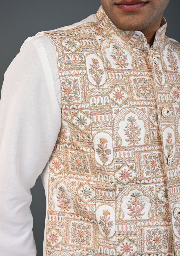 Men's White Kurta with Embroidered Nehru Jacket Kurta with Pajama Set  | Made to Order
