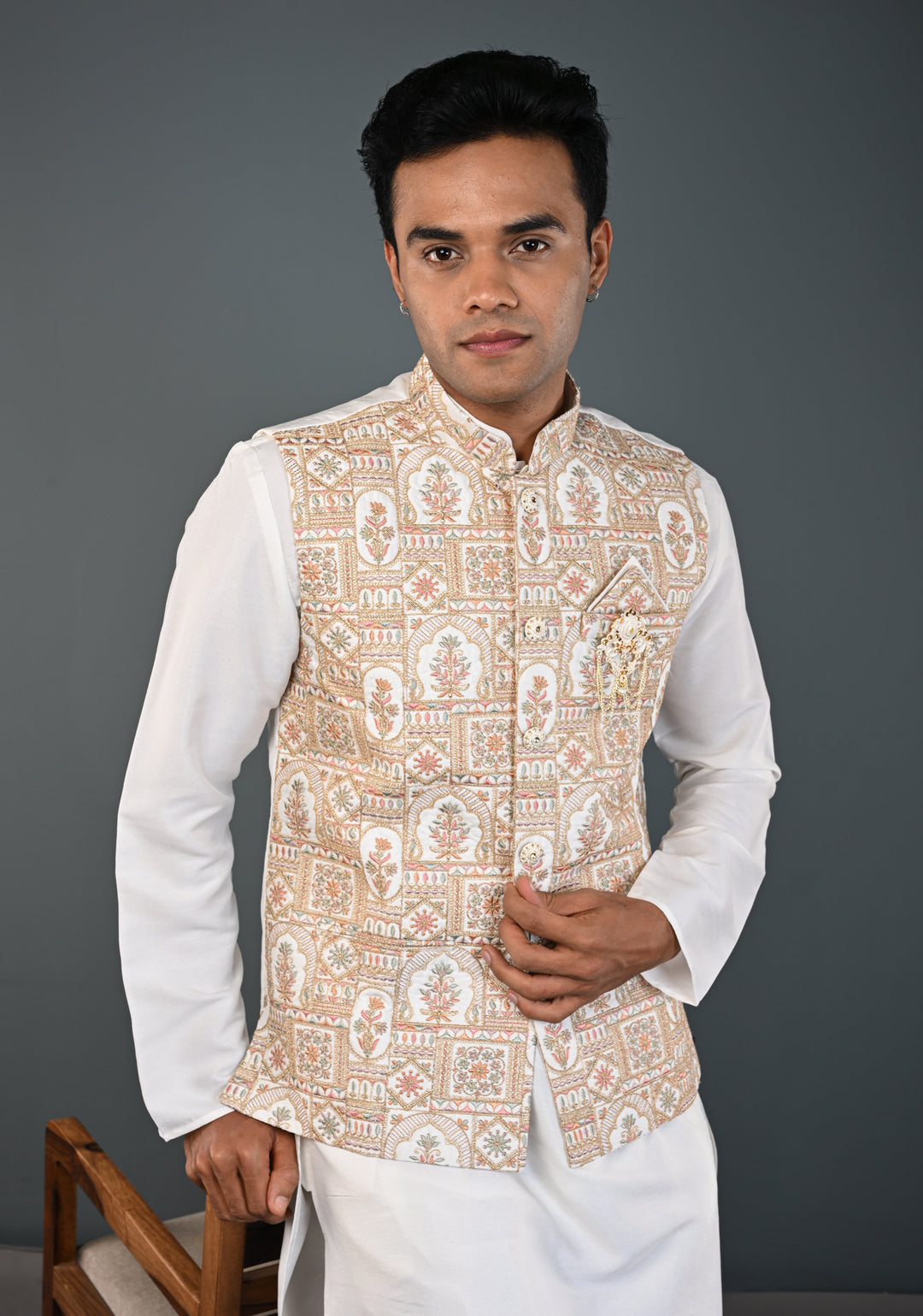 Men's White Kurta with Embroidered Nehru Jacket Kurta with Pajama Set  | Made to Order