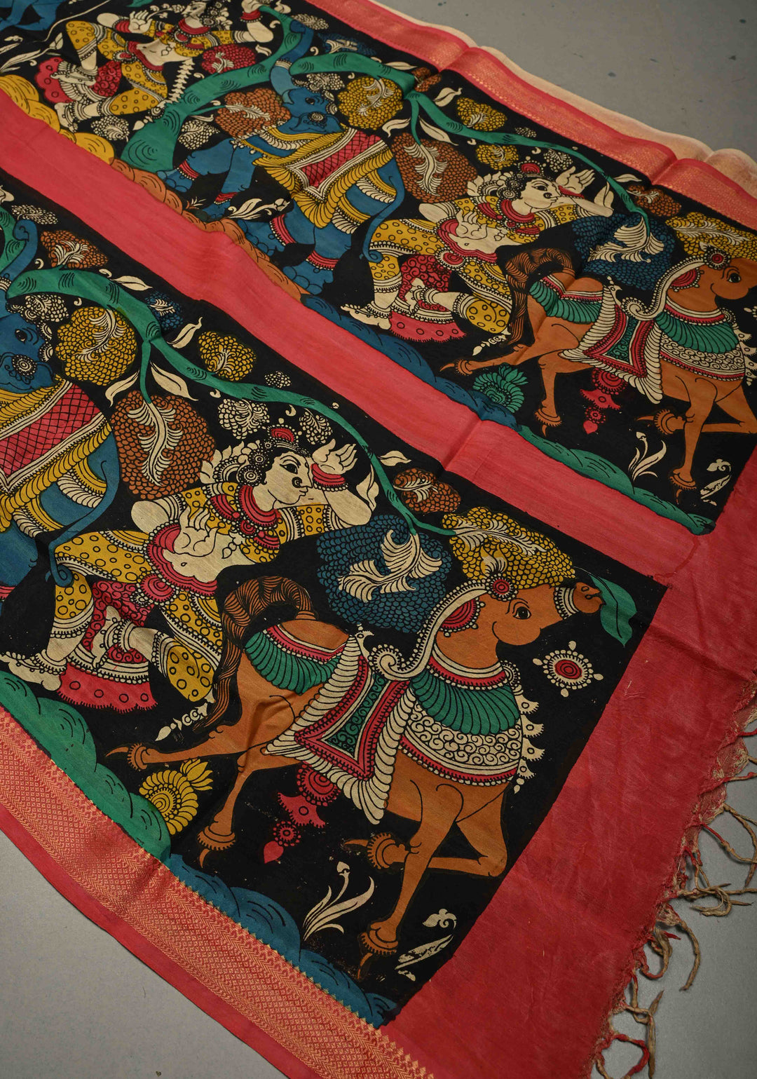 DUPATTA : Black Authentic Pen Kalamkari Hand Painted on Chennuri Silk Dupatta with Mythological Theme and Mangalagiri Borders | SHOBITAM