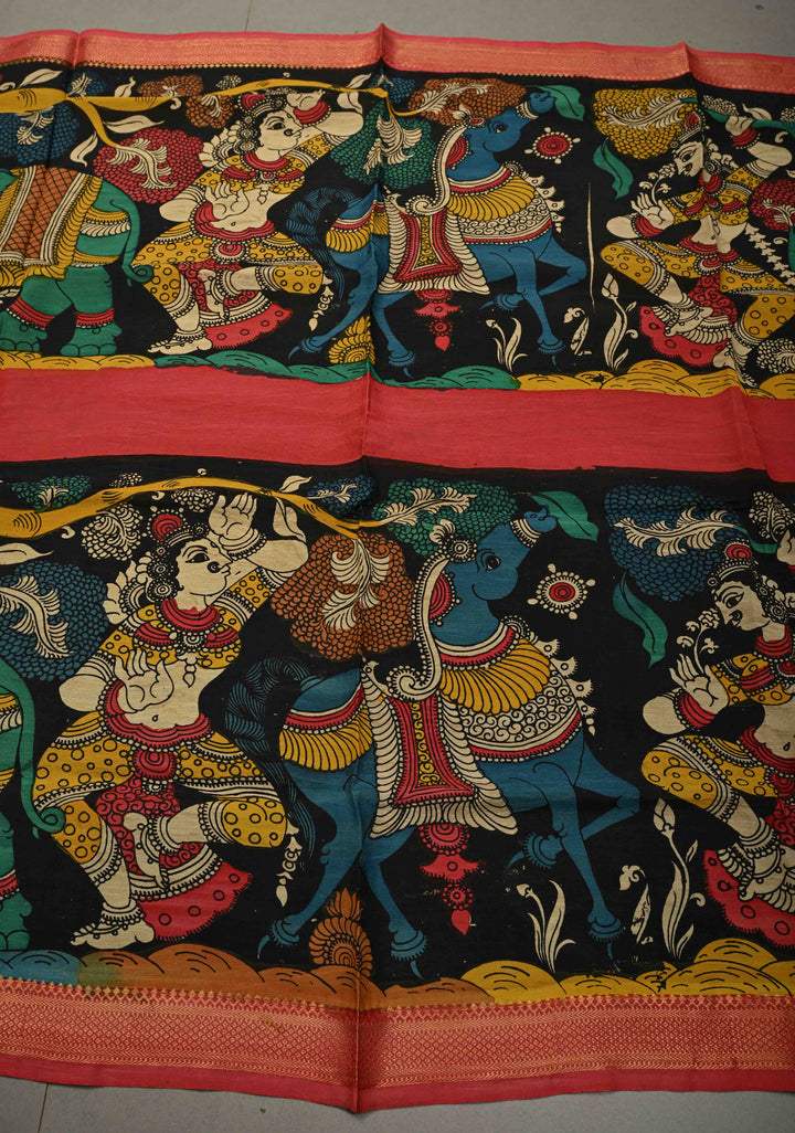 DUPATTA : Black Authentic Pen Kalamkari Hand Painted on Chennuri Silk Dupatta with Mythological Theme and Mangalagiri Borders | SHOBITAM