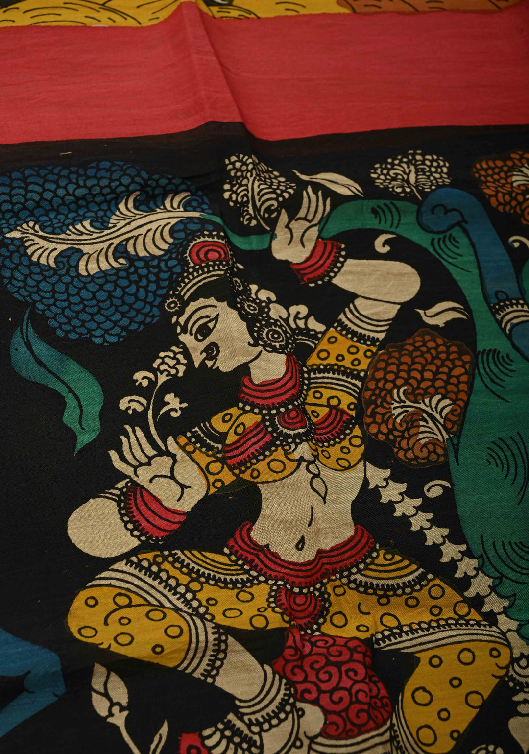 DUPATTA : Black Authentic Pen Kalamkari Hand Painted on Chennuri Silk Dupatta with Mythological Theme and Mangalagiri Borders | SHOBITAM