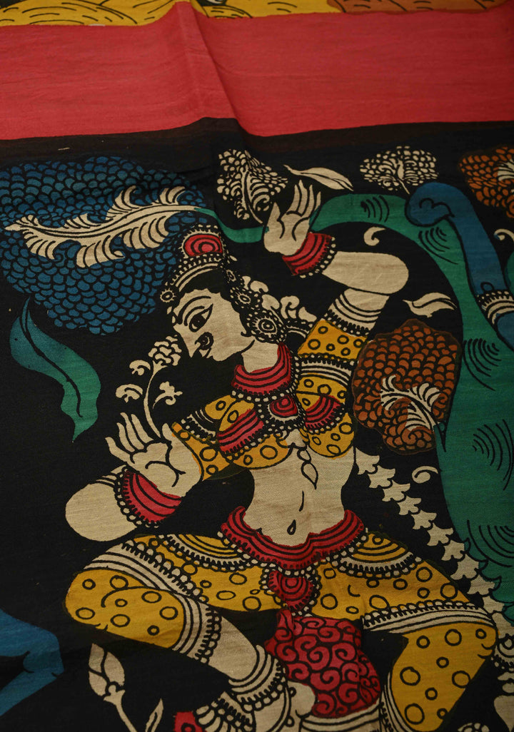 DUPATTA : Black Authentic Pen Kalamkari Hand Painted on Chennuri Silk Dupatta with Mythological Theme and Mangalagiri Borders | SHOBITAM