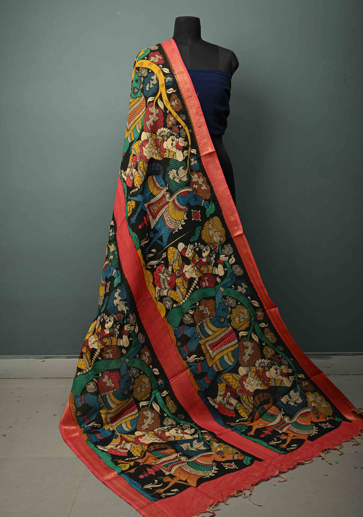 DUPATTA : Black Authentic Pen Kalamkari Hand Painted on Chennuri Silk Dupatta with Mythological Theme and Mangalagiri Borders | SHOBITAM