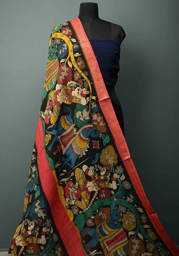 DUPATTA : Black Authentic Pen Kalamkari Hand Painted on Chennuri Silk Dupatta with Mythological Theme and Mangalagiri Borders | SHOBITAM