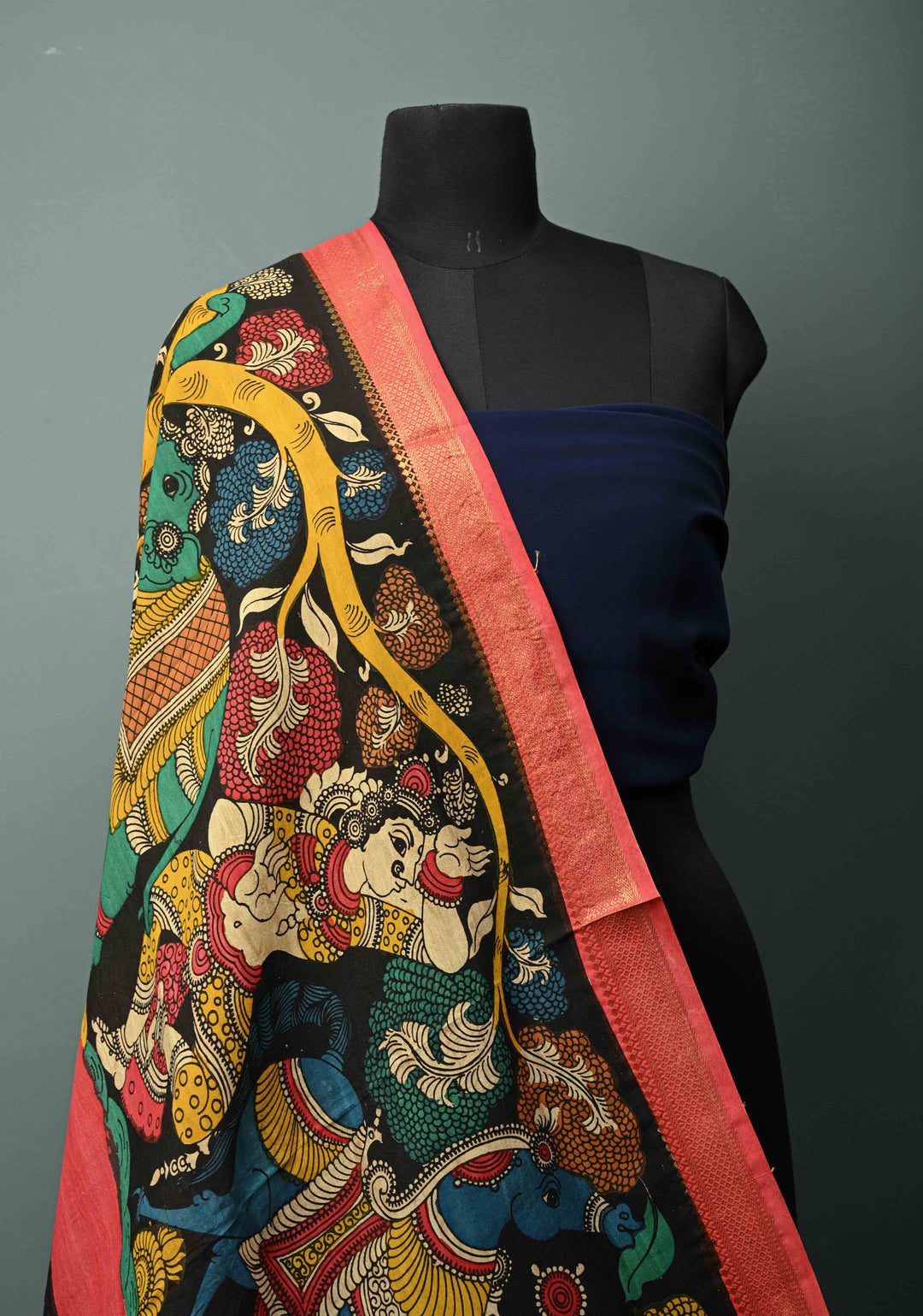 DUPATTA : Black Authentic Pen Kalamkari Hand Painted on Chennuri Silk Dupatta with Mythological Theme and Mangalagiri Borders | SHOBITAM