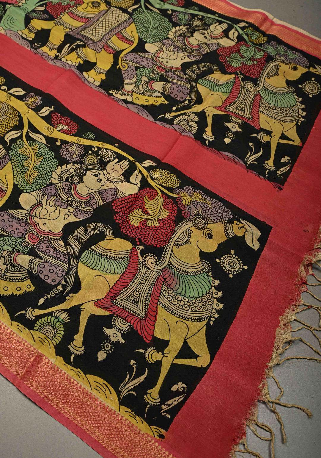DUPATTA : Black Authentic Pen Kalamkari Hand Painted on Chennuri Silk Dupatta with Mythological Theme and Mangalagiri Borders | SHOBITAM