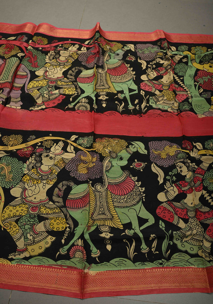 DUPATTA : Black Authentic Pen Kalamkari Hand Painted on Chennuri Silk Dupatta with Mythological Theme and Mangalagiri Borders | SHOBITAM