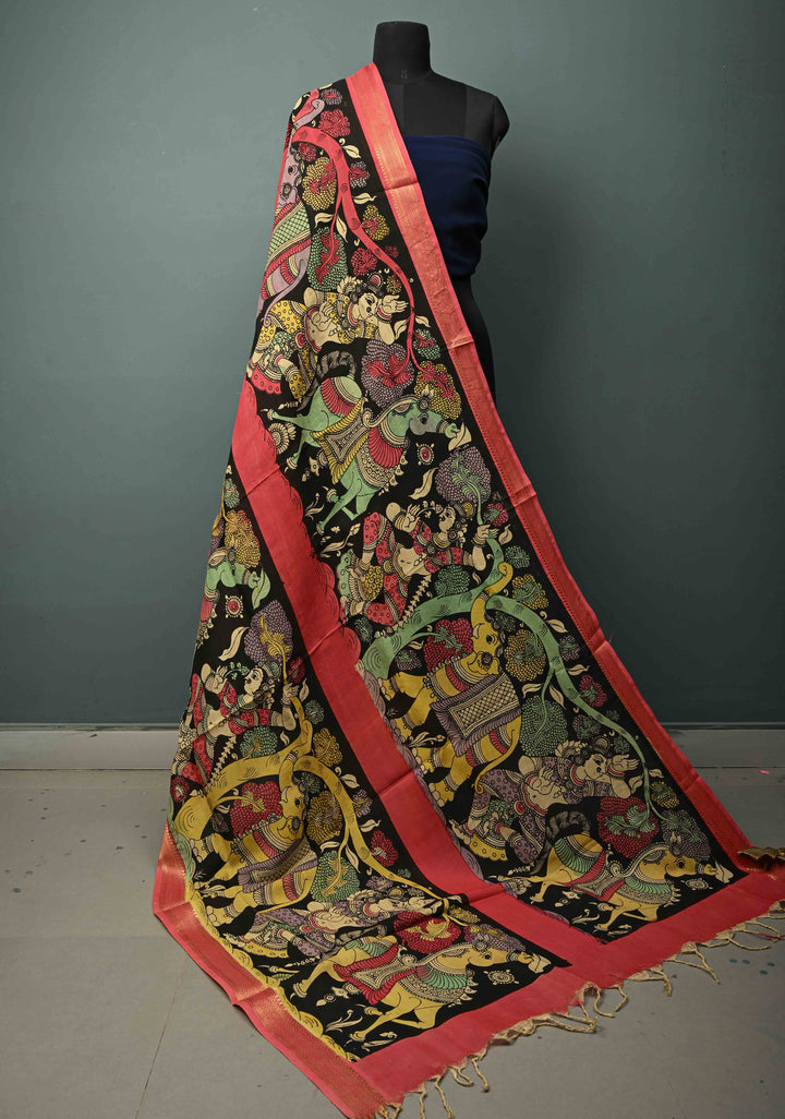 DUPATTA : Black Authentic Pen Kalamkari Hand Painted on Chennuri Silk Dupatta with Mythological Theme and Mangalagiri Borders | SHOBITAM